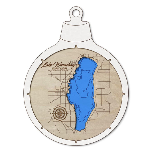 Lake Winnebago, Wisconsin Custom 3D Layered Wood Lake Map Ornament | Handcrafted Bathymetric Art