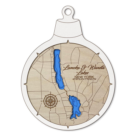 Lamoka & Waneta Lakes, New York Custom 3D Layered Wood Lake Map Ornament | Handcrafted Bathymetric Art