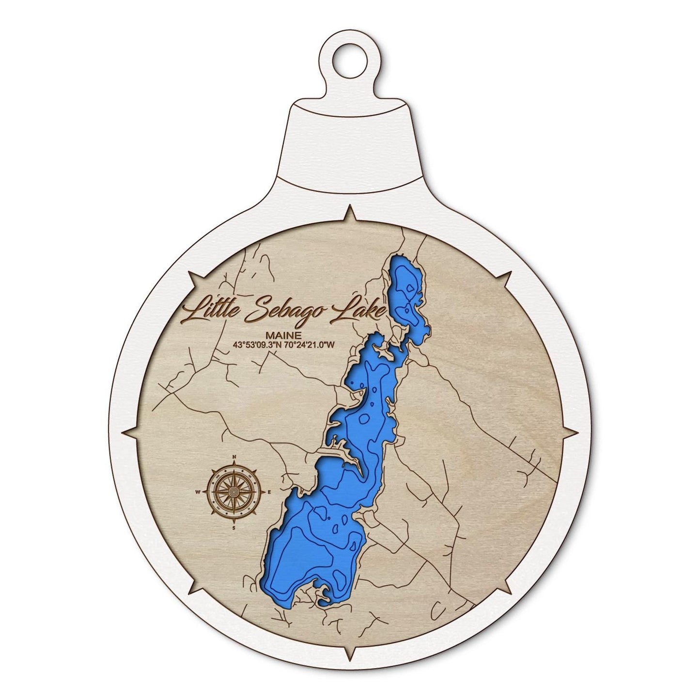 Little Sebago Lake, Maine Custom 3D Layered Wood Lake Map Ornament | Handcrafted Bathymetric Art