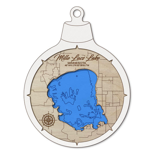 Mille Lacs Lake, Minnesota Custom 3D Layered Wood Lake Map Ornament | Handcrafted Bathymetric Art