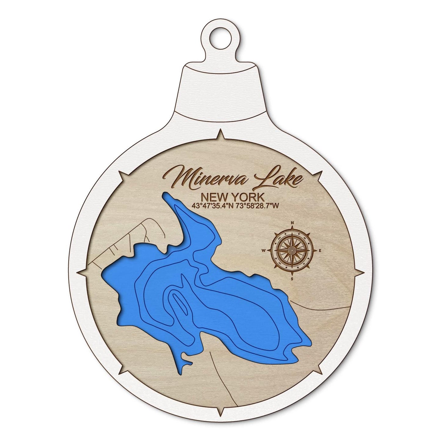 Minerva Lake, New York Custom 3D Layered Wood Lake Map Ornament | Handcrafted Bathymetric Art