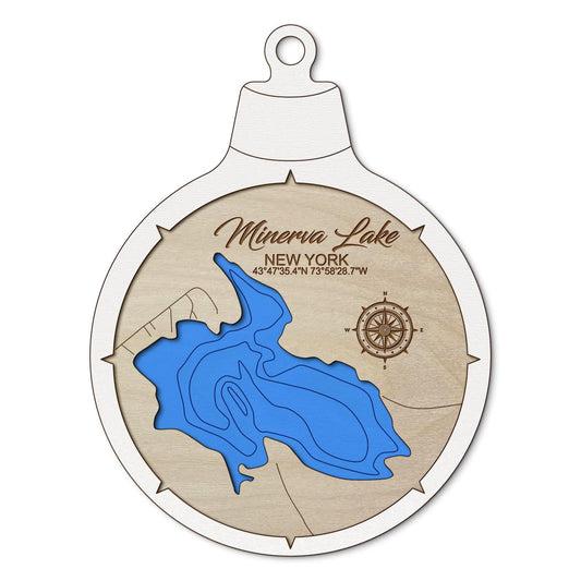 Minerva Lake, New York Custom 3D Layered Wood Lake Map Ornament | Handcrafted Bathymetric Art