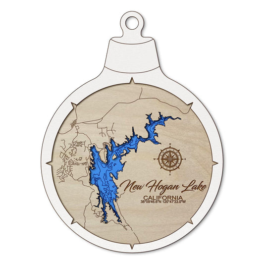 New Hogan Lake, California Custom 3D Layered Wood Lake Map Ornament | Handcrafted Bathymetric Art