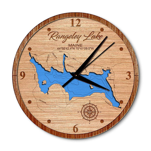 Rangeley Lake, Maine 14in Layered Map Clock - Any Lake, Pond, or Reservoir - Unique Home Decor