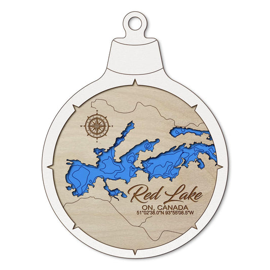 Red Lake in Ontario, Canada Custom 3D Layered Wood Lake Map Ornament | Handcrafted Bathymetric Art