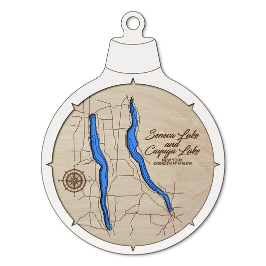 Seneca & Cayuga Lakes, New York Custom 3D Layered Wood Lake Map Ornament | Handcrafted Bathymetric Art