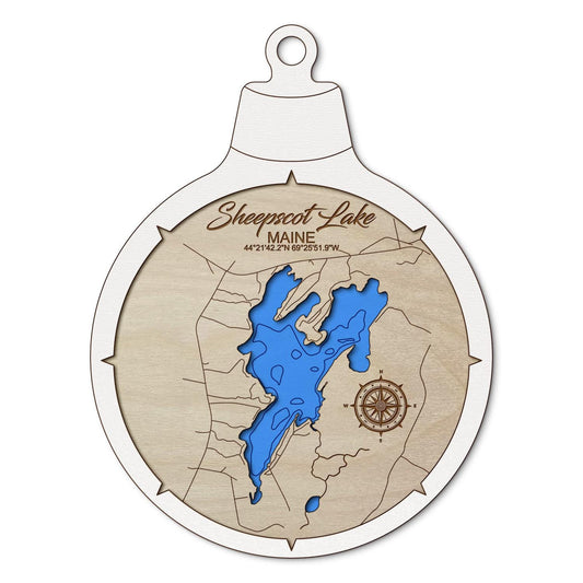 Sheepscot Lake in Palermo, Maine Custom 3D Layered Wood Lake Map Ornament | Handcrafted Bathymetric Art