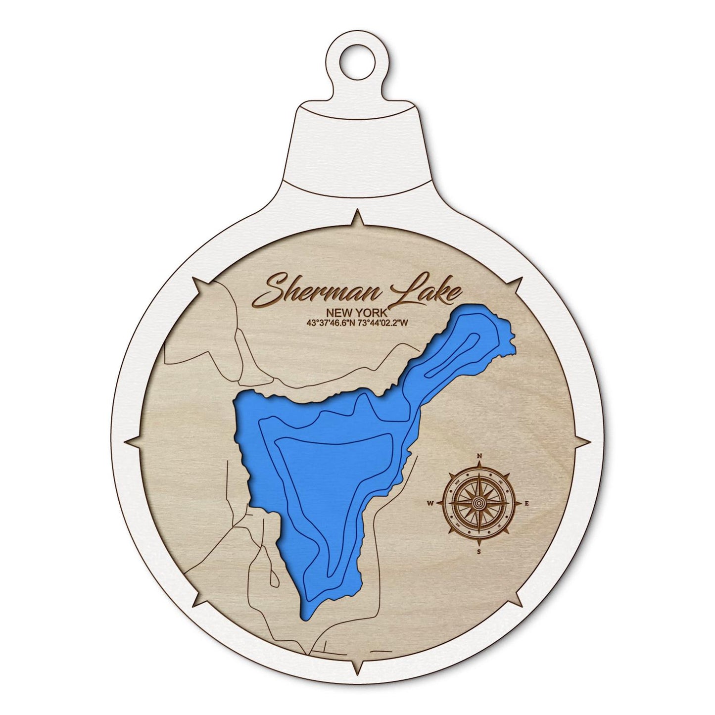 Sherman Lake in Warrensburg, New York Custom 3D Layered Wood Lake Map Ornament | Handcrafted Bathymetric Art