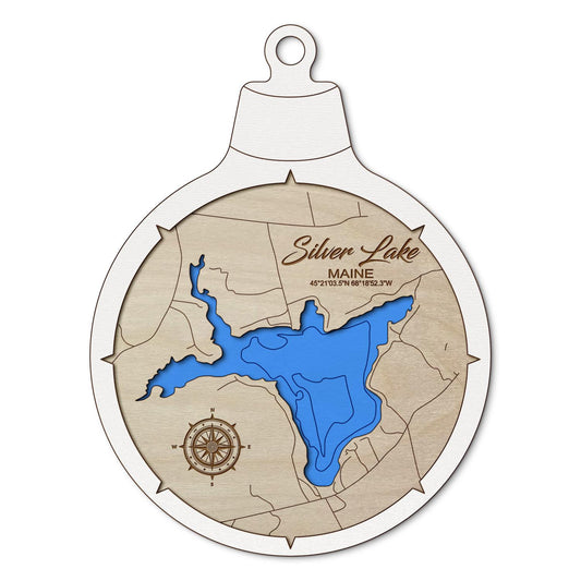 Silver Lake, Maine Custom 3D Layered Wood Lake Map Ornament | Handcrafted Bathymetric Art