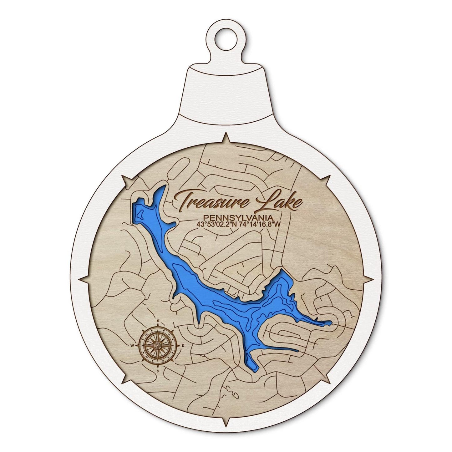 Treasure Lake, Pennsylvania Custom 3D Layered Wood Lake Map Ornament | Handcrafted Bathymetric Art