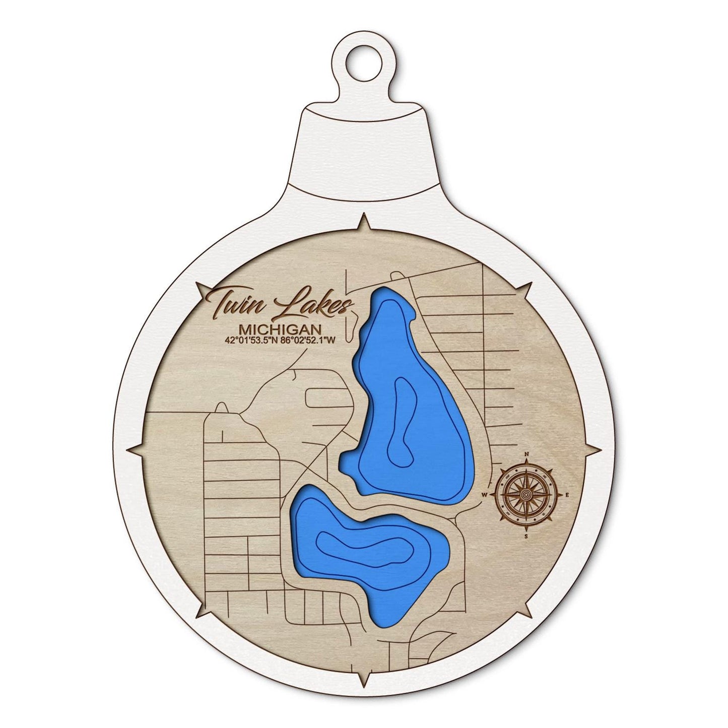 Twin Lakes, Michigan Custom 3D Layered Wood Lake Map Ornament | Handcrafted Bathymetric Art