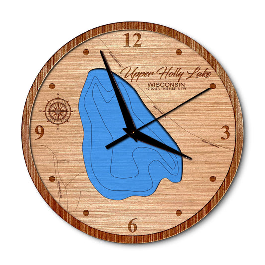 Upper Holly Lake, Wisconsin 14in Layered Map Clock - Any Lake, Pond, or Reservoir - Unique Home Decor