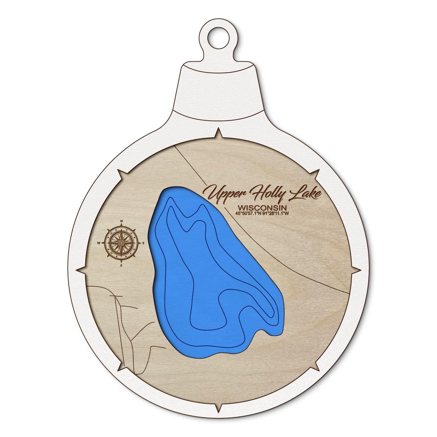 Upper Holly Lake, Wisconsin Custom 3D Layered Wood Lake Map Ornament | Handcrafted Bathymetric Art