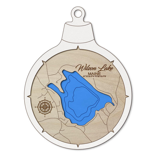 Wilson Lake, Maine Custom 3D Layered Wood Lake Map Ornament | Handcrafted Bathymetric Art