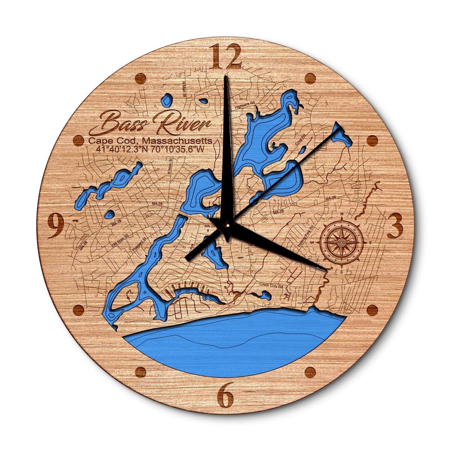 Bass River Cape Cod, Massachusetts 14in Layered Map Clock - Any Lake, Pond, or Reservoir - Unique Home Decor