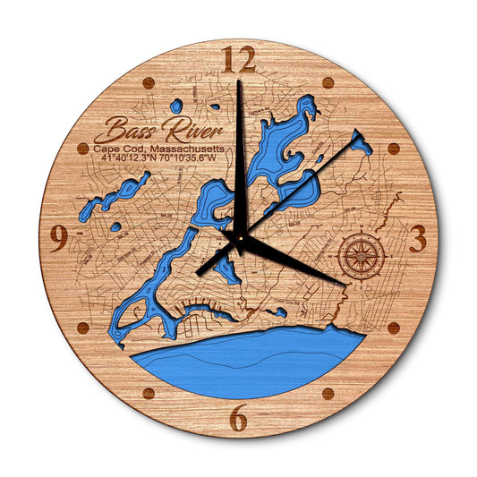 Bass River Cape Cod, Massachusetts 14in Layered Map Clock - Any Lake, Pond, or Reservoir - Unique Home Decor
