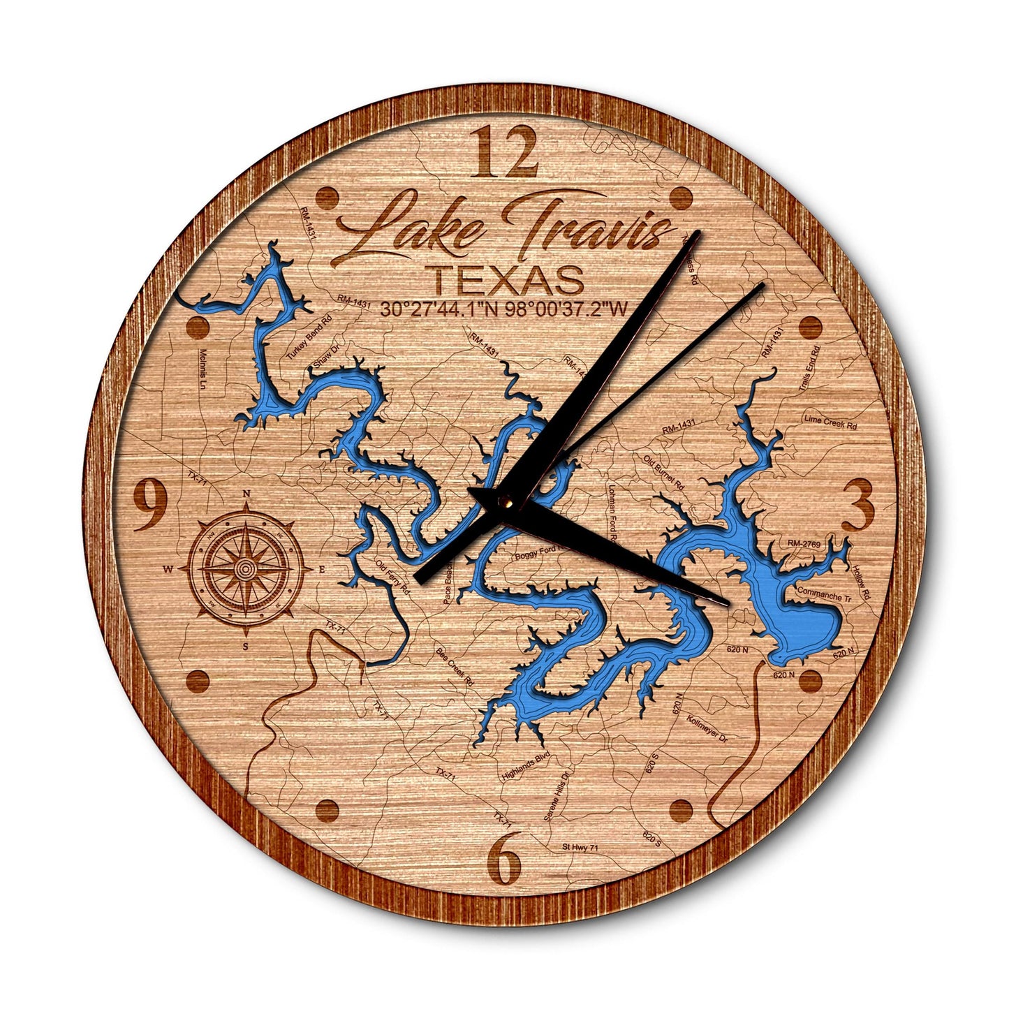 Lake Travis, Texas 14in Layered Map Clock - Any Lake, Pond, or Reservoir - Unique Home Decor