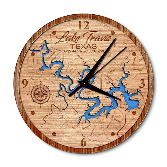 Lake Travis, Texas 14in Layered Map Clock - Any Lake, Pond, or Reservoir - Unique Home Decor