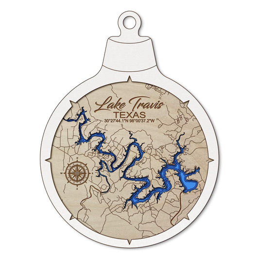 Lake Travis, Texas Custom 3D Layered Wood Lake Map Ornament | Handcrafted Bathymetric Art