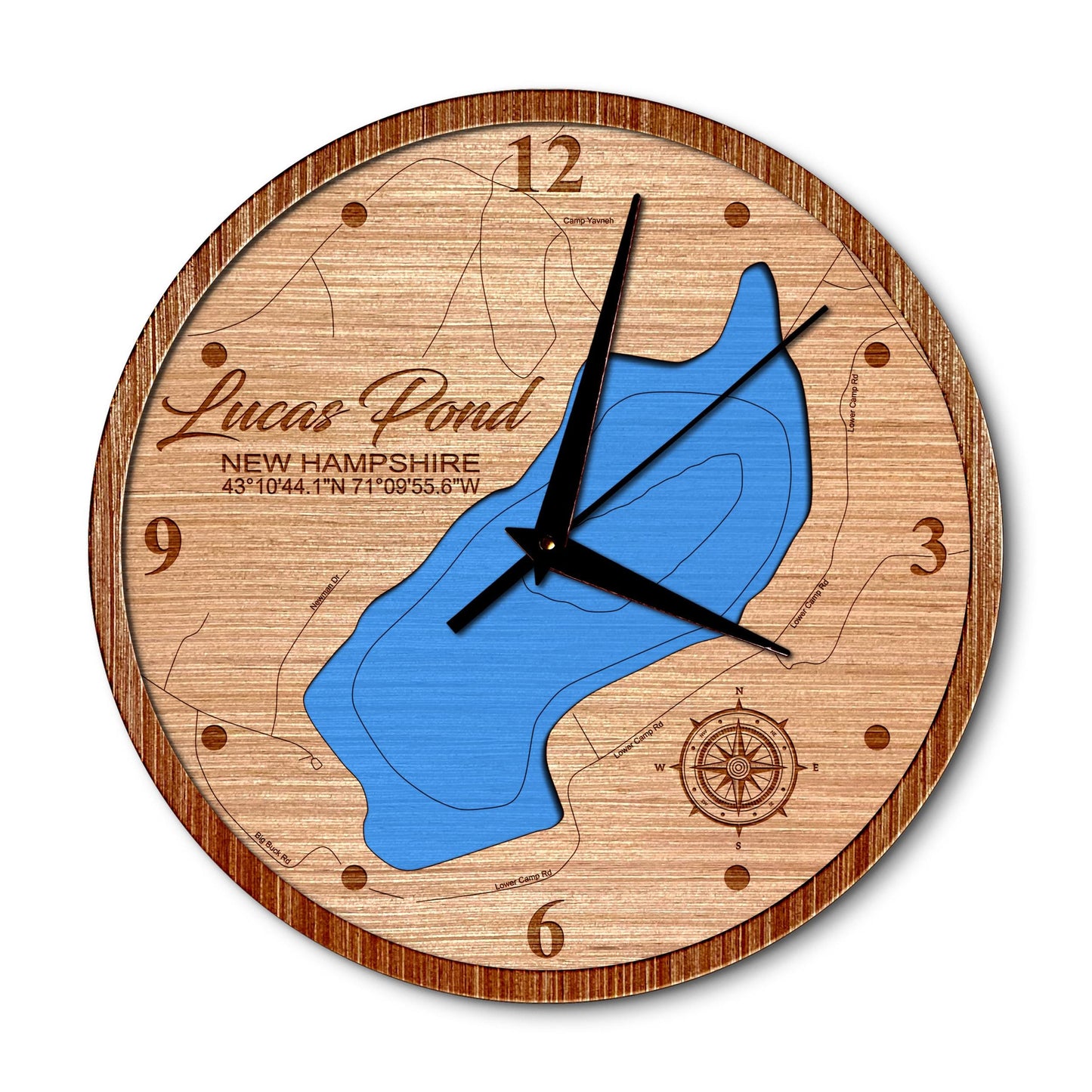 Lucas Pond, New Hampshire 14in Layered Map Clock - Any Lake, Pond, or Reservoir - Unique Home Decor