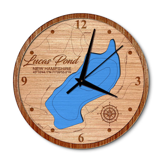 Lucas Pond, New Hampshire 14in Layered Map Clock - Any Lake, Pond, or Reservoir - Unique Home Decor