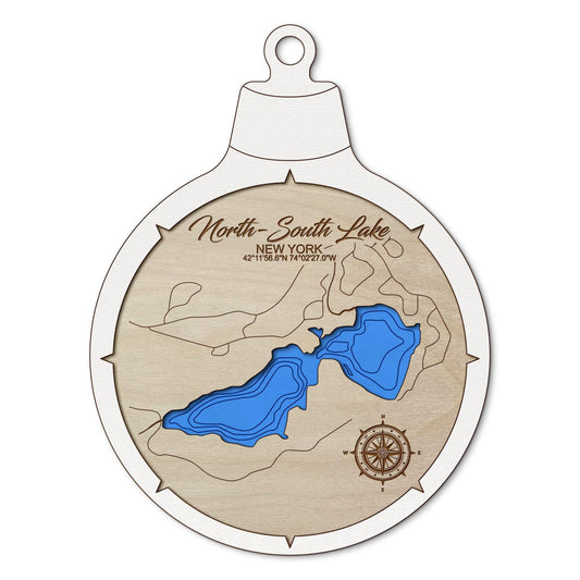 North & South Lake, New York Custom 3D Layered Wood Lake Map Ornament | Handcrafted Bathymetric Art