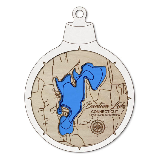 Bantam Lake, Connecticut Custom 3D Layered Wood Lake Map Ornament | Handcrafted Bathymetric Art