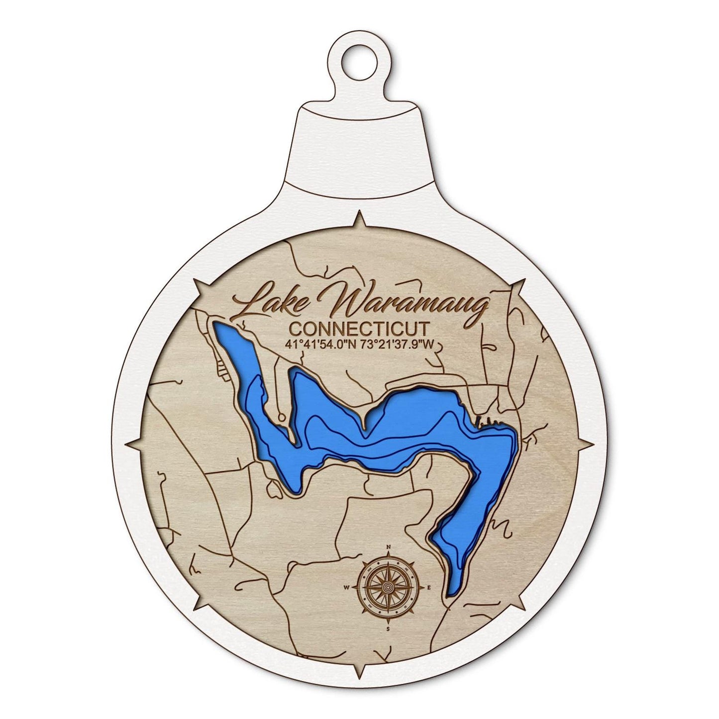 Lake Waramaug, Connecticut Custom 3D Layered Wood Lake Map Ornament | Handcrafted Bathymetric Art