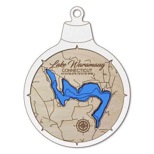 Lake Waramaug, Connecticut Custom 3D Layered Wood Lake Map Ornament | Handcrafted Bathymetric Art