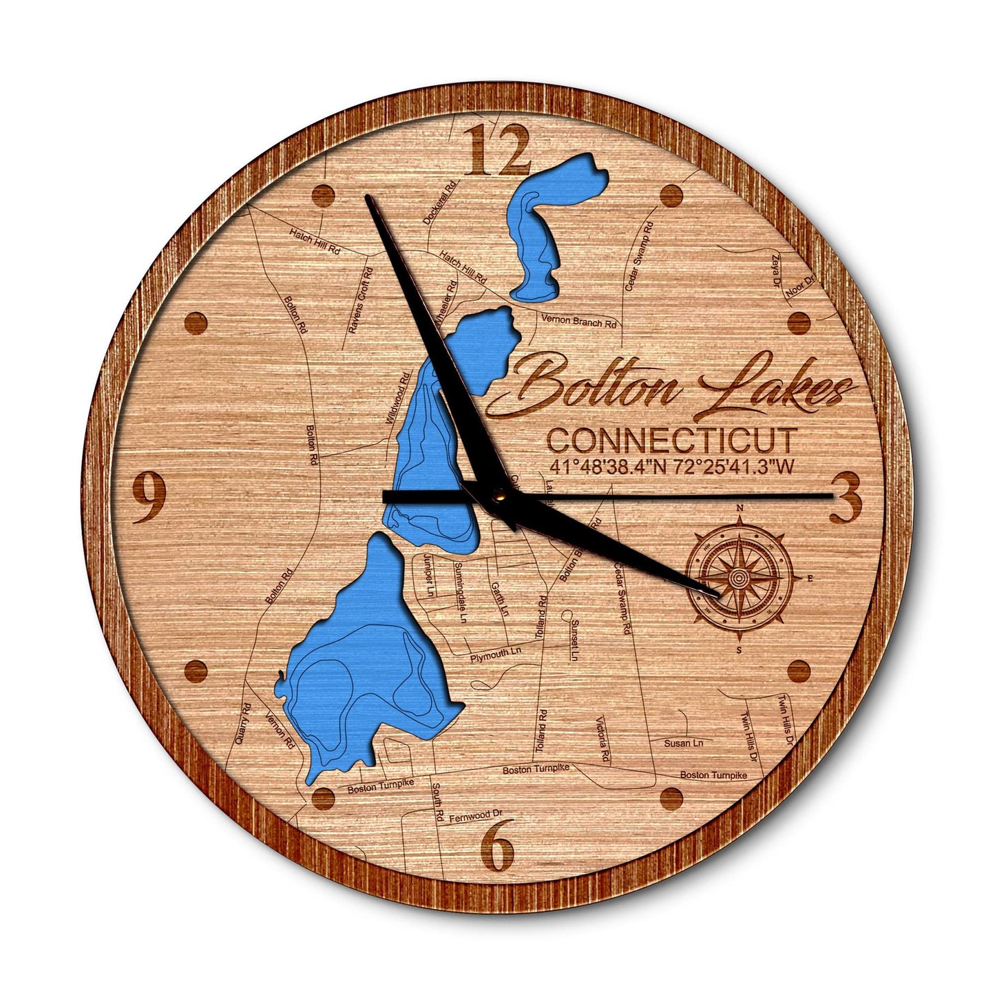 Bolton Lakes, Connecticut 14in Layered Map Clock - Any Lake, Pond, or Reservoir - Unique Home Decor