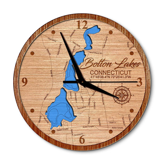 Bolton Lakes, Connecticut 14in Layered Map Clock - Any Lake, Pond, or Reservoir - Unique Home Decor