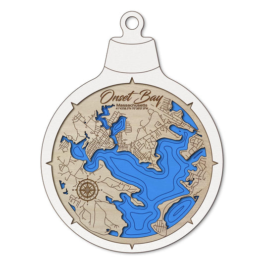 Onset Bay, Massachusetts Custom 3D Layered Wood Lake Map Ornament | Handcrafted Bathymetric Art
