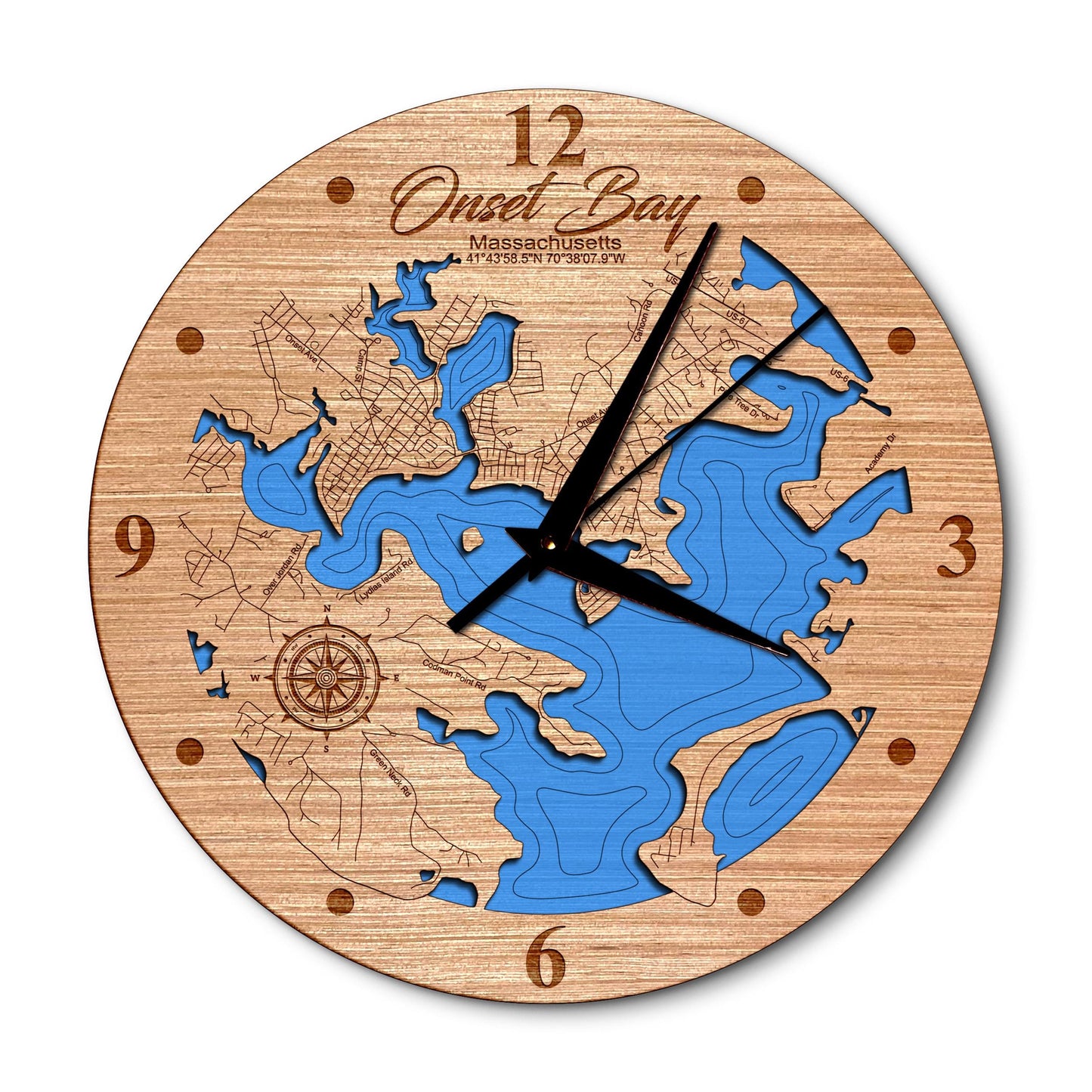 Onset Bay, Massachusetts 14in Layered Map Clock - Any Lake, Pond, or Reservoir - Unique Home Decor