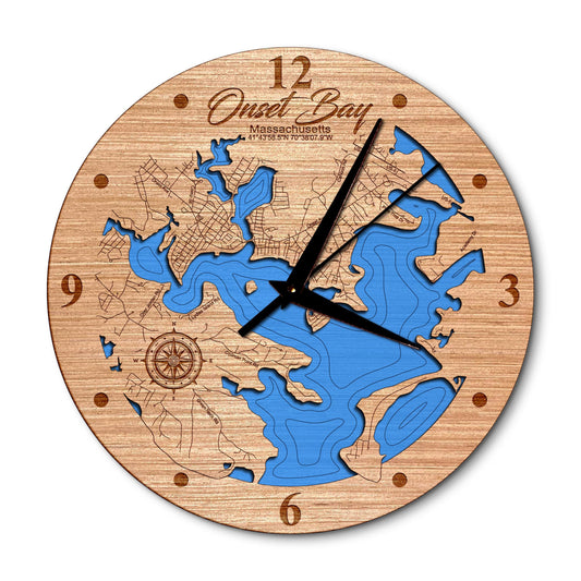 Onset Bay, Massachusetts 14in Layered Map Clock - Any Lake, Pond, or Reservoir - Unique Home Decor