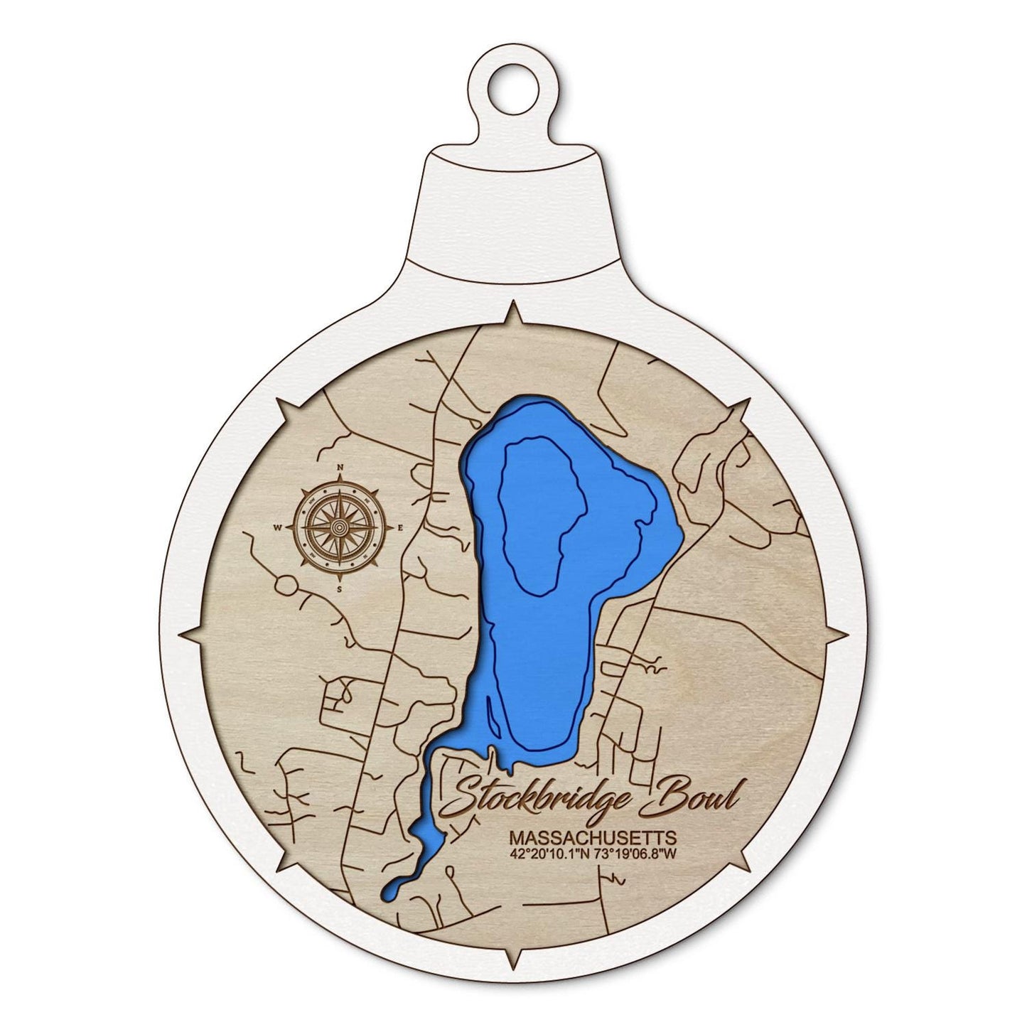 Mahkeenac Lake(Stockbridge Bowl), Massachusetts Custom 3D Layered Wood Lake Map Ornament | Handcrafted Bathymetric Art