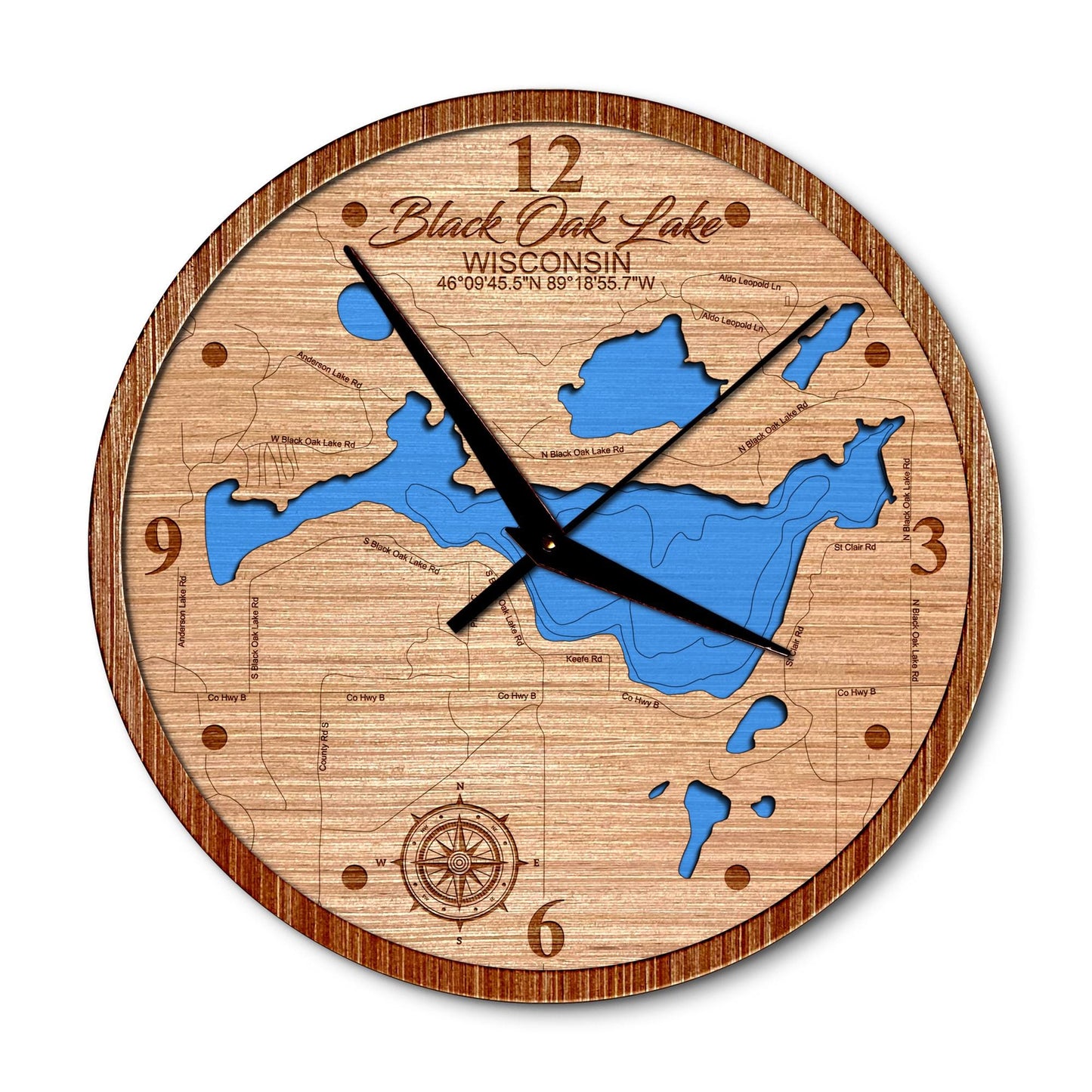 Black Oak Lake, Wisconsin 14in Layered Map Clock - Any Lake, Pond, or Reservoir - Unique Home Decor