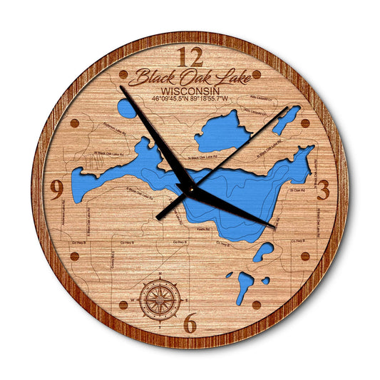 Black Oak Lake, Wisconsin 14in Layered Map Clock - Any Lake, Pond, or Reservoir - Unique Home Decor