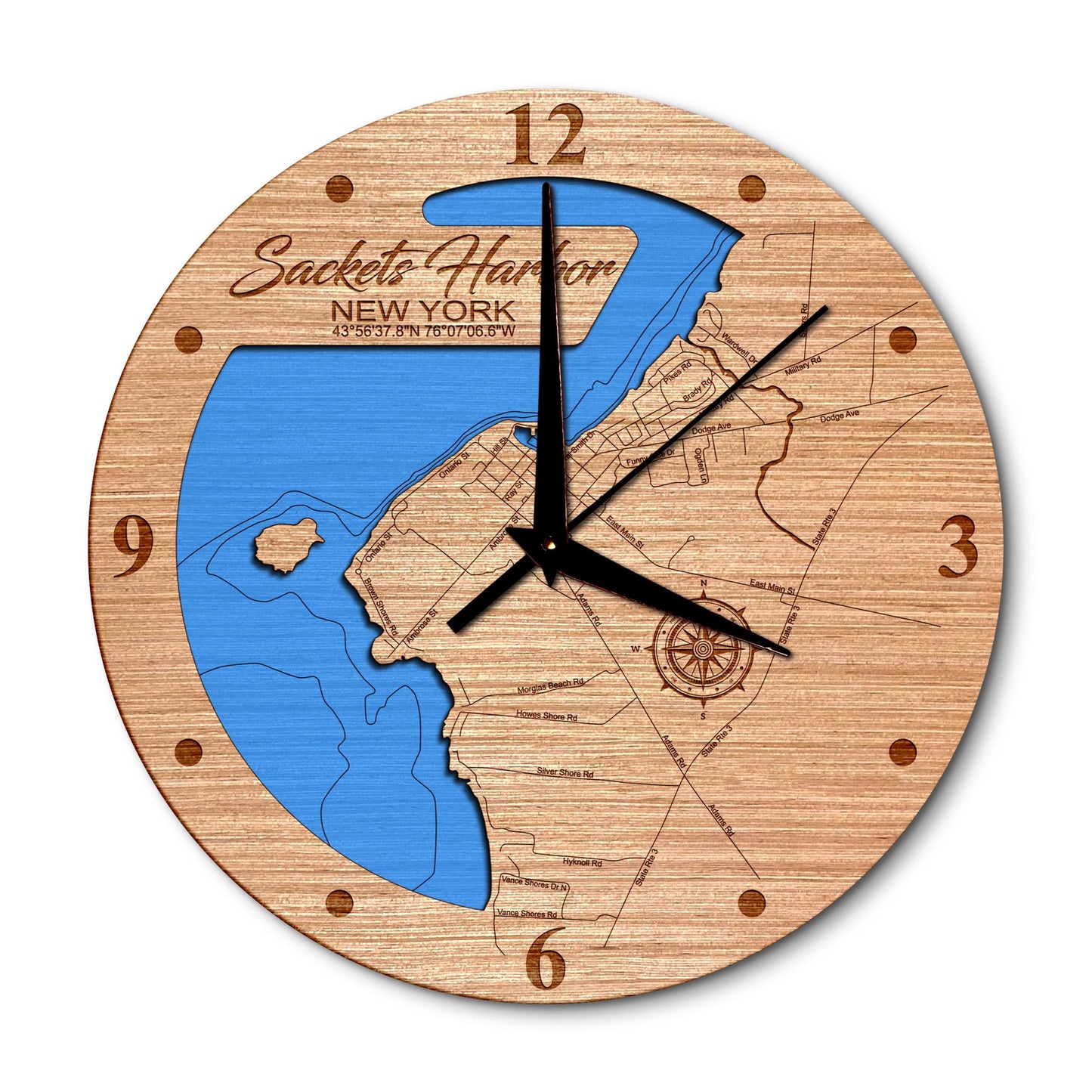 Sackets Harbor, New York 14in Layered Map Clock - Any Lake, Pond, or Reservoir - Unique Home Decor