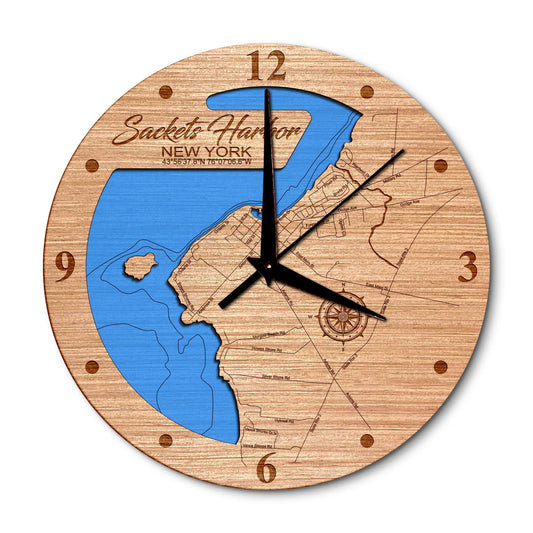 Sackets Harbor, New York 14in Layered Map Clock - Any Lake, Pond, or Reservoir - Unique Home Decor