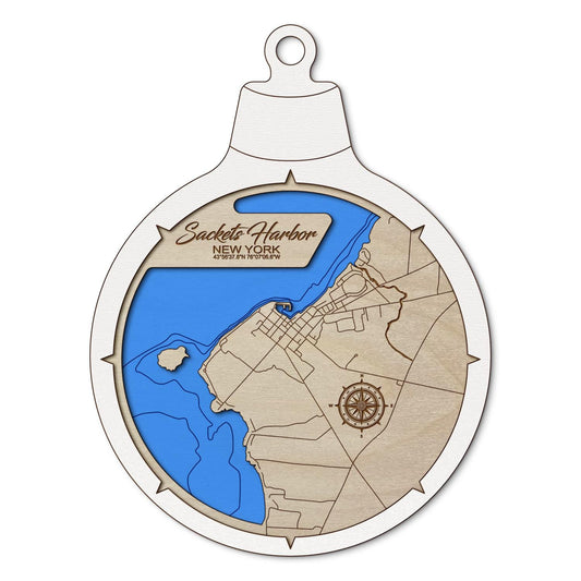 Sackets Harbor, New York Custom 3D Layered Wood Lake Map Ornament | Handcrafted Bathymetric Art