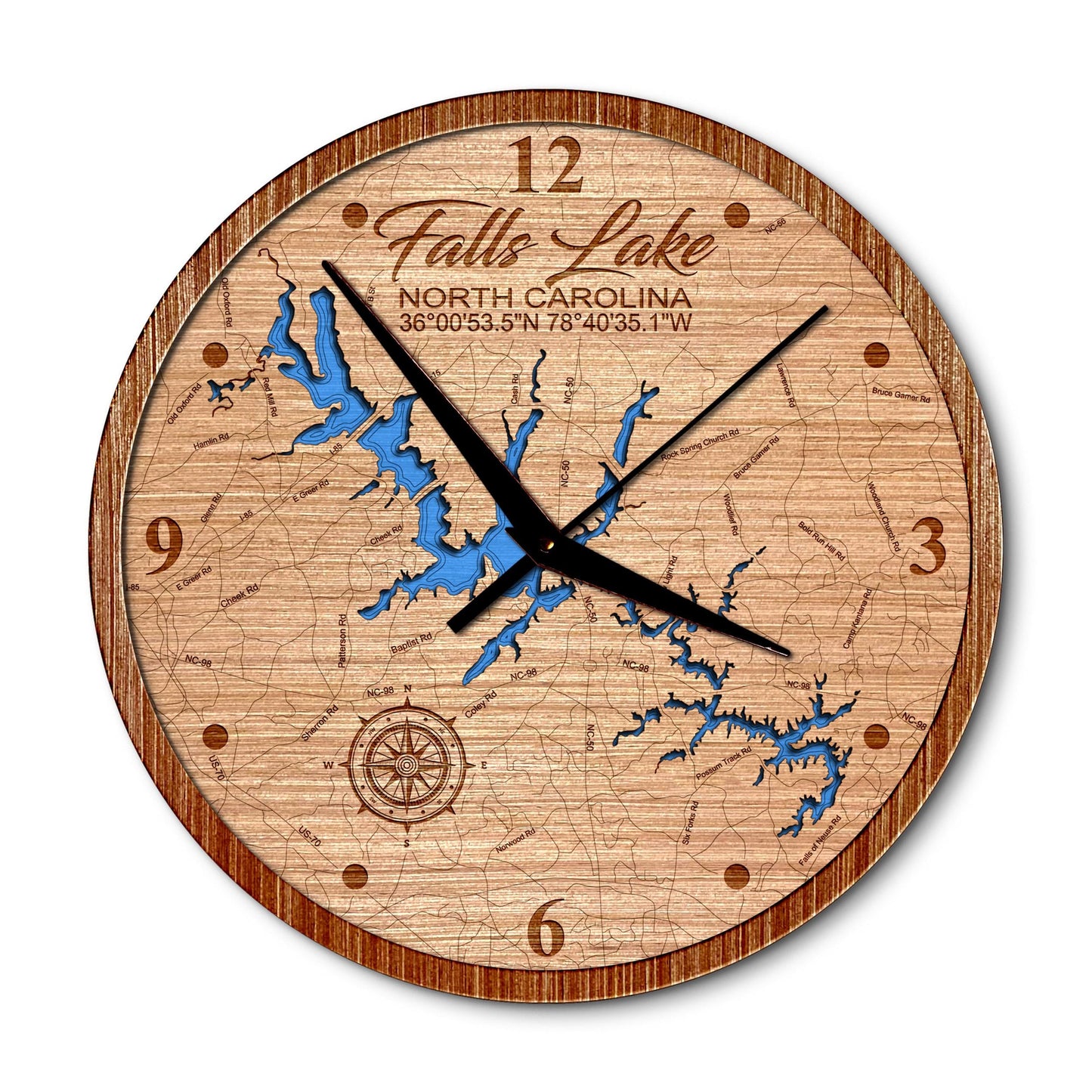 Falls Lake, North Carolina 14in Layered Map Clock - Any Lake, Pond, or Reservoir - Unique Home Decor