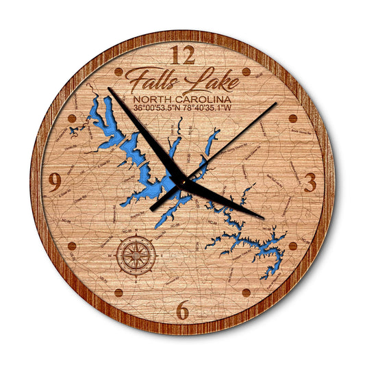 Falls Lake, North Carolina 14in Layered Map Clock - Any Lake, Pond, or Reservoir - Unique Home Decor