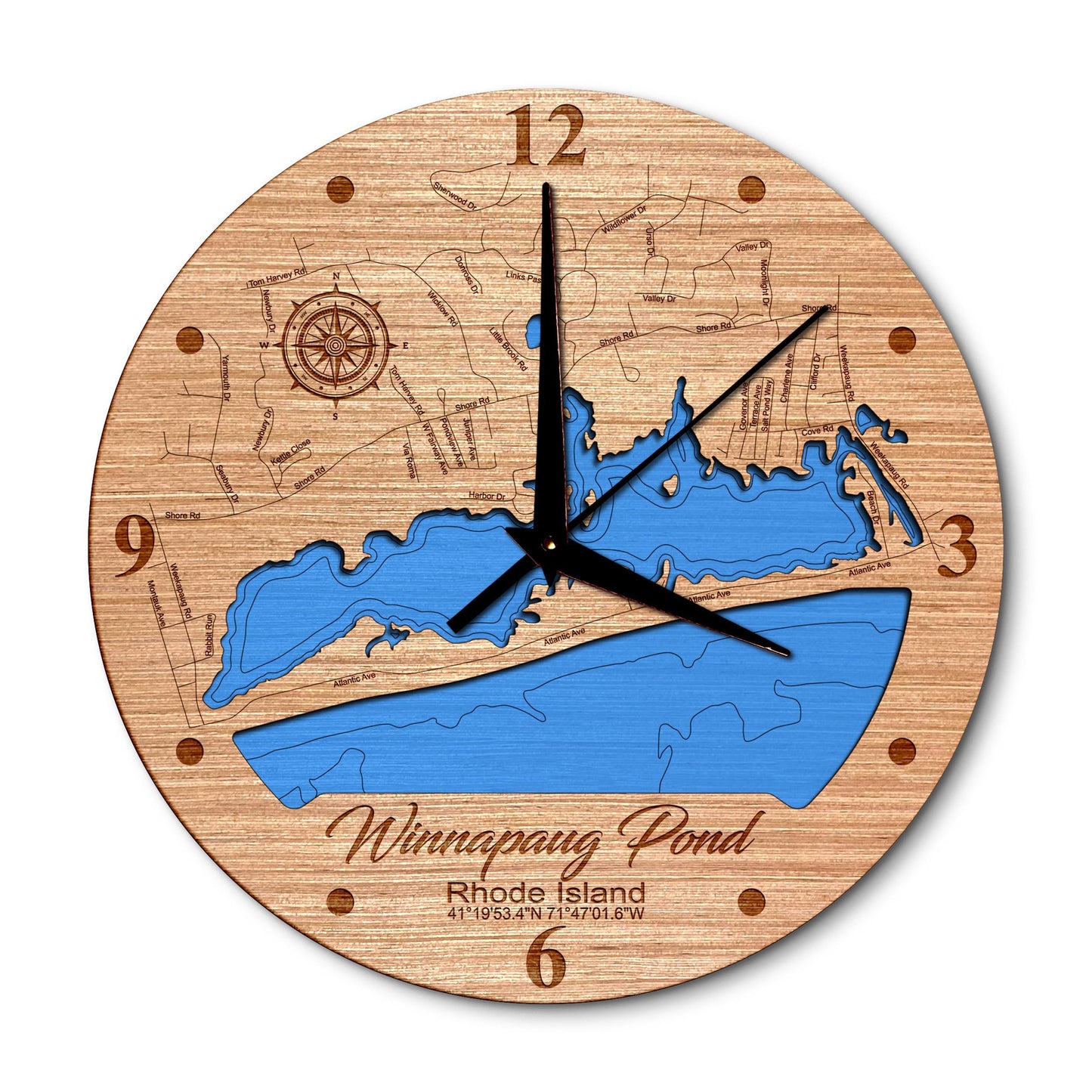 Winnapaug Pond, Rhode Island 14in Layered Map Clock - Any Lake, Pond, or Reservoir - Unique Home Decor