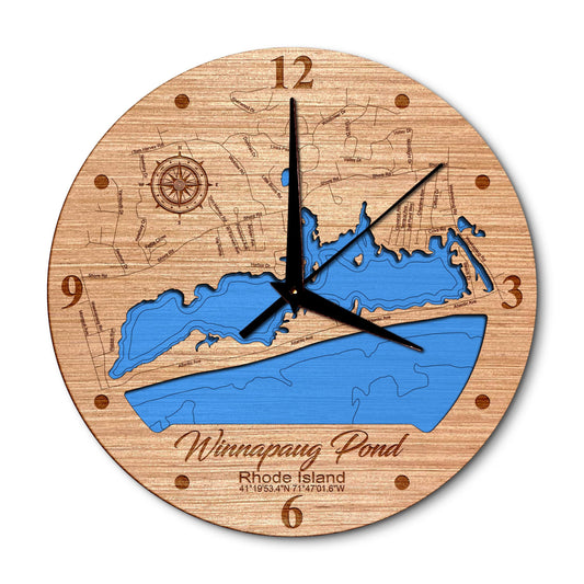 Winnapaug Pond, Rhode Island 14in Layered Map Clock - Any Lake, Pond, or Reservoir - Unique Home Decor