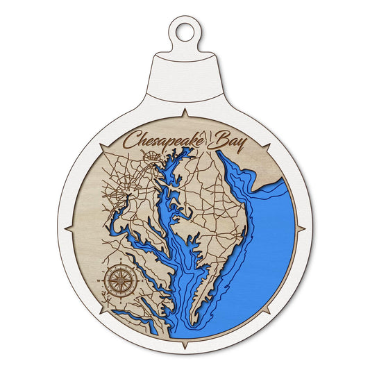 Chesapeake Bay Custom 3D Layered Wood Lake Map Ornament | Handcrafted Bathymetric Art