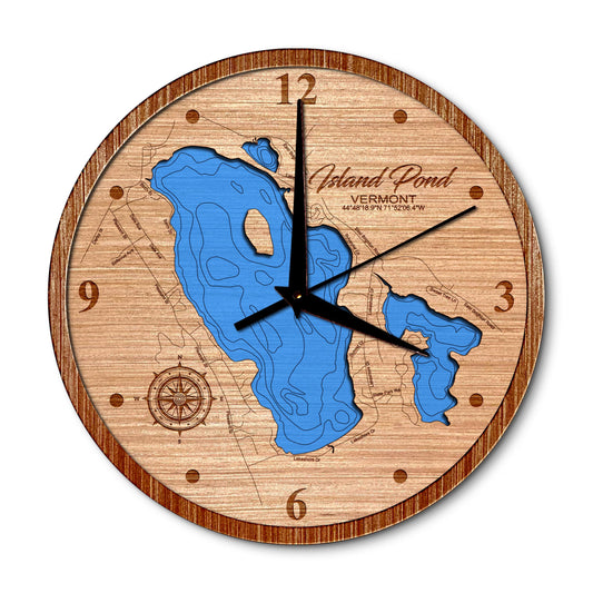 Island Pond, Vermont 14in Layered Map Clock - Any Lake, Pond, or Reservoir - Unique Home Decor