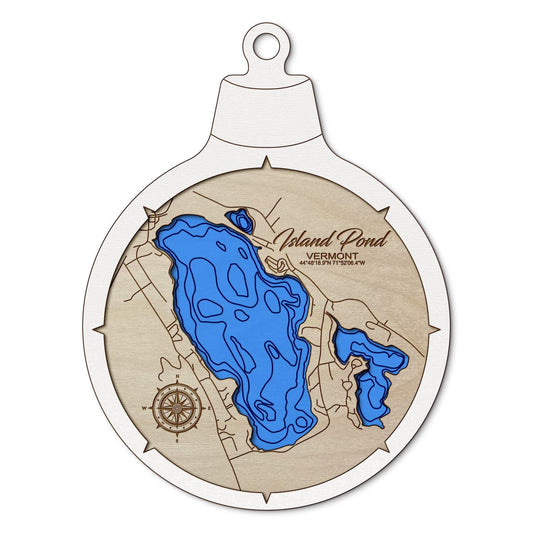 Island Pond, Vermont Custom 3D Layered Wood Lake Map Ornament | Handcrafted Bathymetric Art
