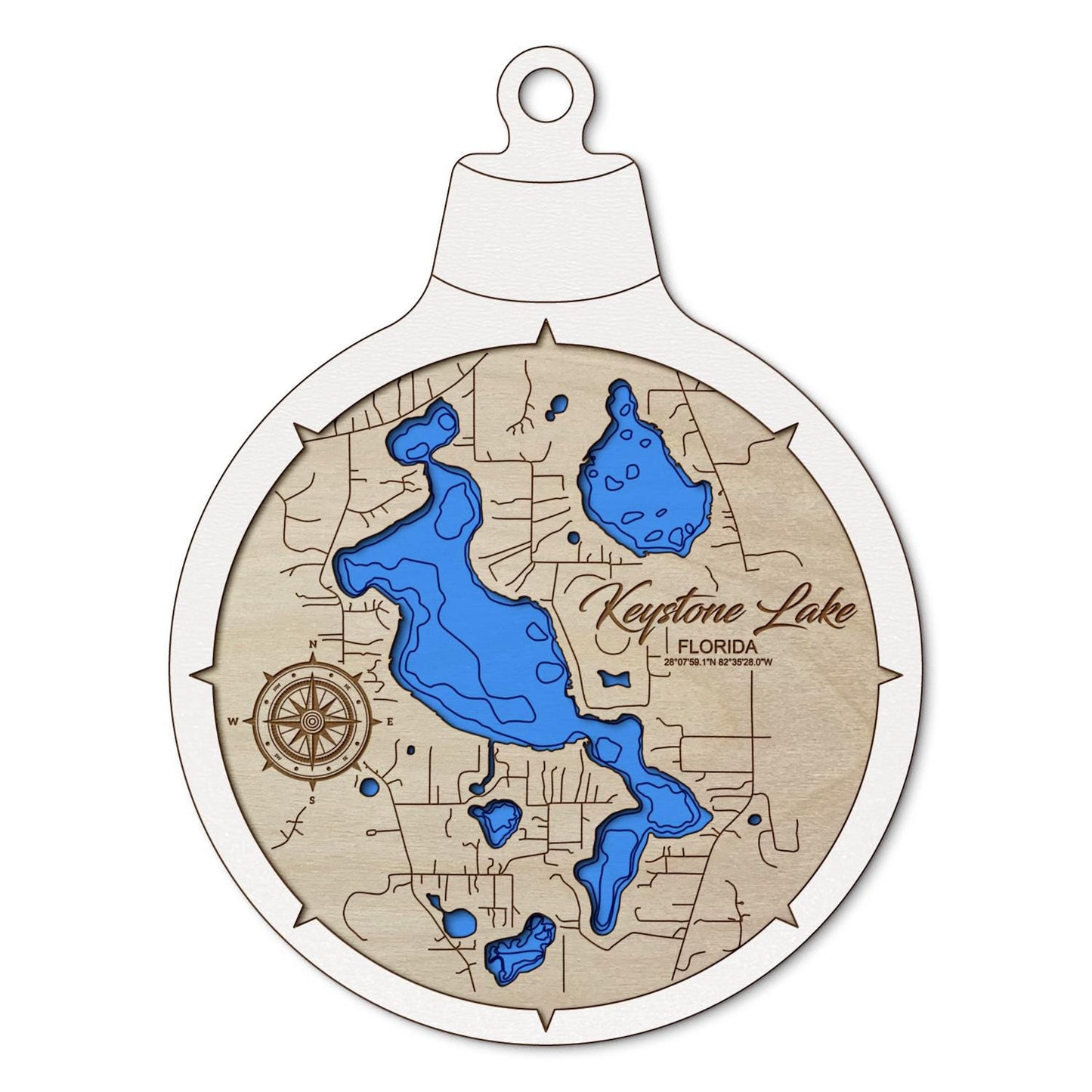 Keystone Lake, Florida Custom 3D Layered Wood Lake Map Ornament | Handcrafted Bathymetric Art