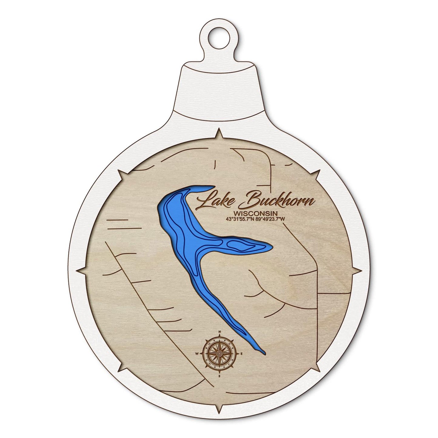 Lake Buckhorn, Wisconsin Custom 3D Layered Wood Lake Map Ornament | Handcrafted Bathymetric Art