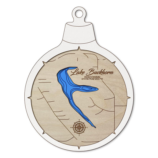 Lake Buckhorn, Wisconsin Custom 3D Layered Wood Lake Map Ornament | Handcrafted Bathymetric Art